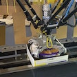 For twin-pack cartons, the delta style robot picks bagged pans from the conveyor belt in the foreground, rotates them so that the ponytail is in the 12 o’clock position, and places them into a carton that is erected from a flat blank upstream.